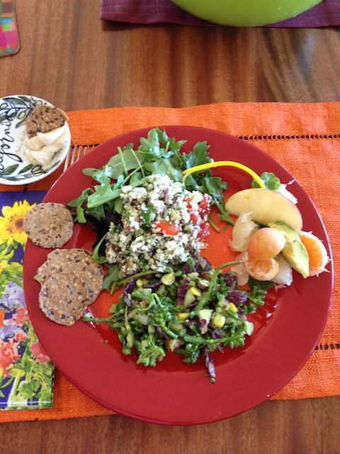 Raw Tabbouleh, Broccoli Kale Salad with Flax crackers and Fruit Salad